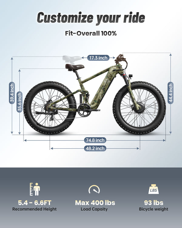 PUCKIPUPPY Dual Motor Electric Bike for Adults 1600W Peak up to 80Miles Range 28mph Max Speed 26