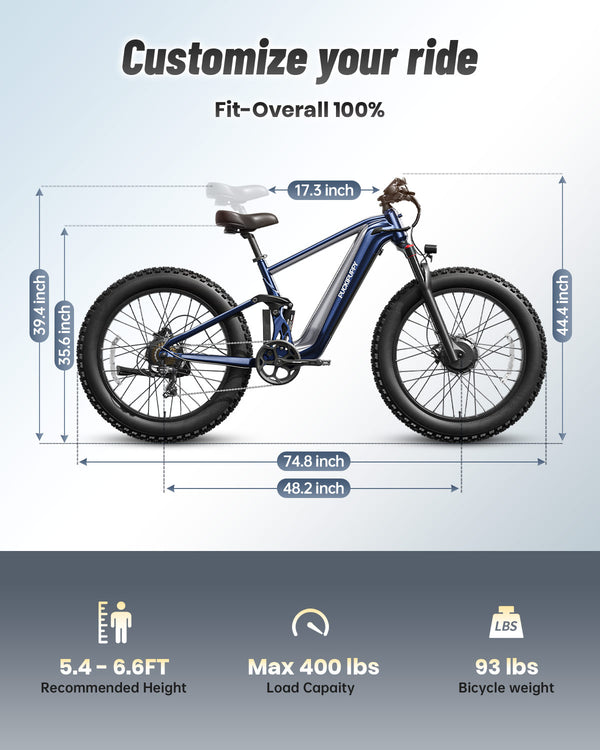 PUCKIPUPPY Dual Motor Electric Bike for Adults 1600W Peak up to 80Miles Range 28mph Max Speed 26