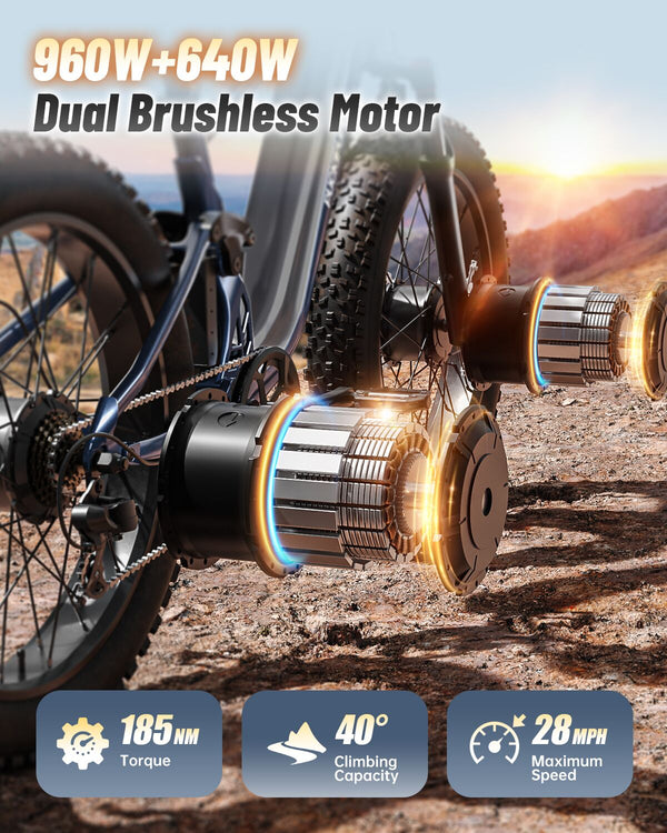 PUCKIPUPPY Dual Motor Electric Bike for Adults 1600W Peak up to 80Miles Range 28mph Max Speed 26