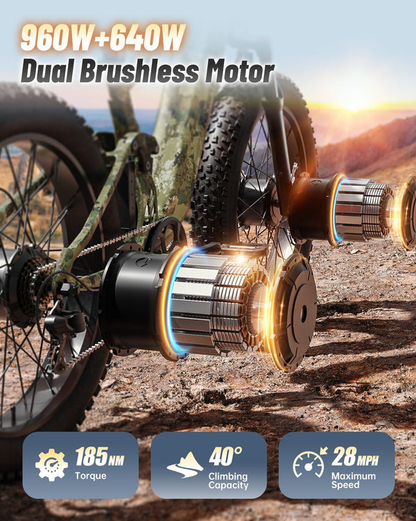 PUCKIPUPPY Dual Motor Electric Bike for Adults 1600W Peak up to 80Miles Range 28mph Max Speed 26