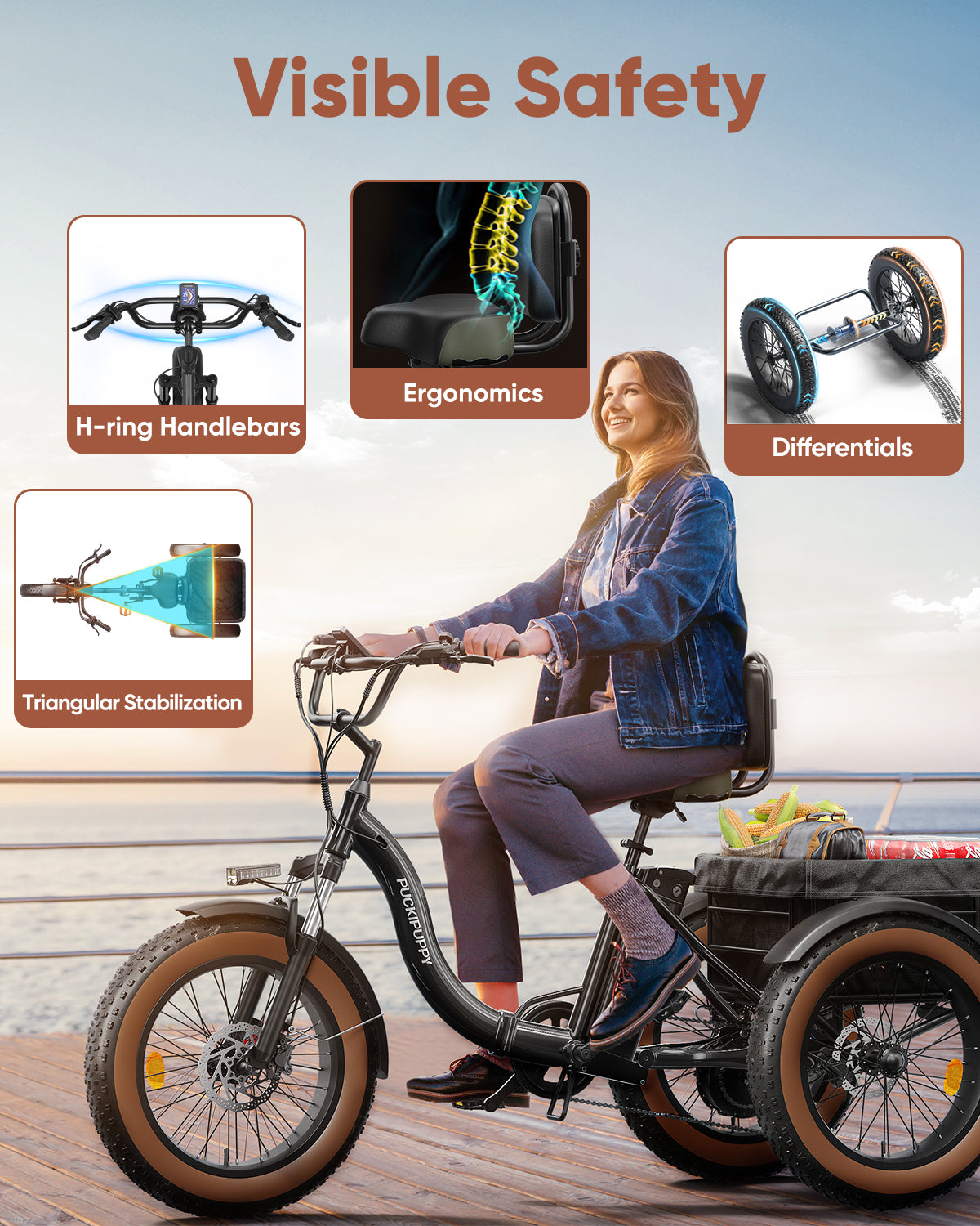 PUCKIPUPPY Electric Tricycle for Adults 960W Rear Motor 55Miles Range 20mph Max Speed 20