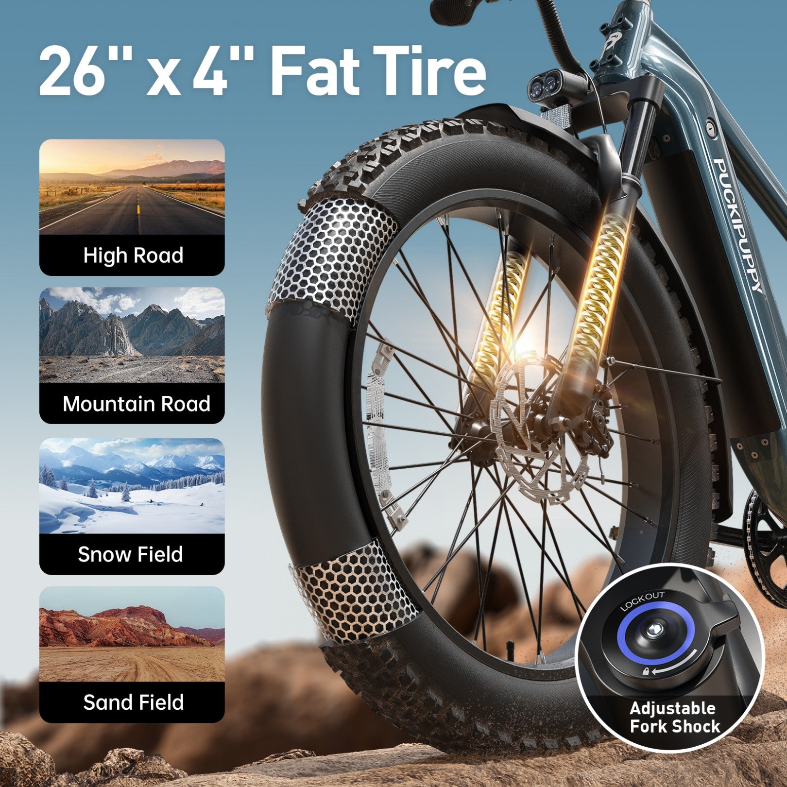 PUCKIPUPPY Electric Bike for Adults 28mph Top Speed 60Miles Max Range 960W Peak 26