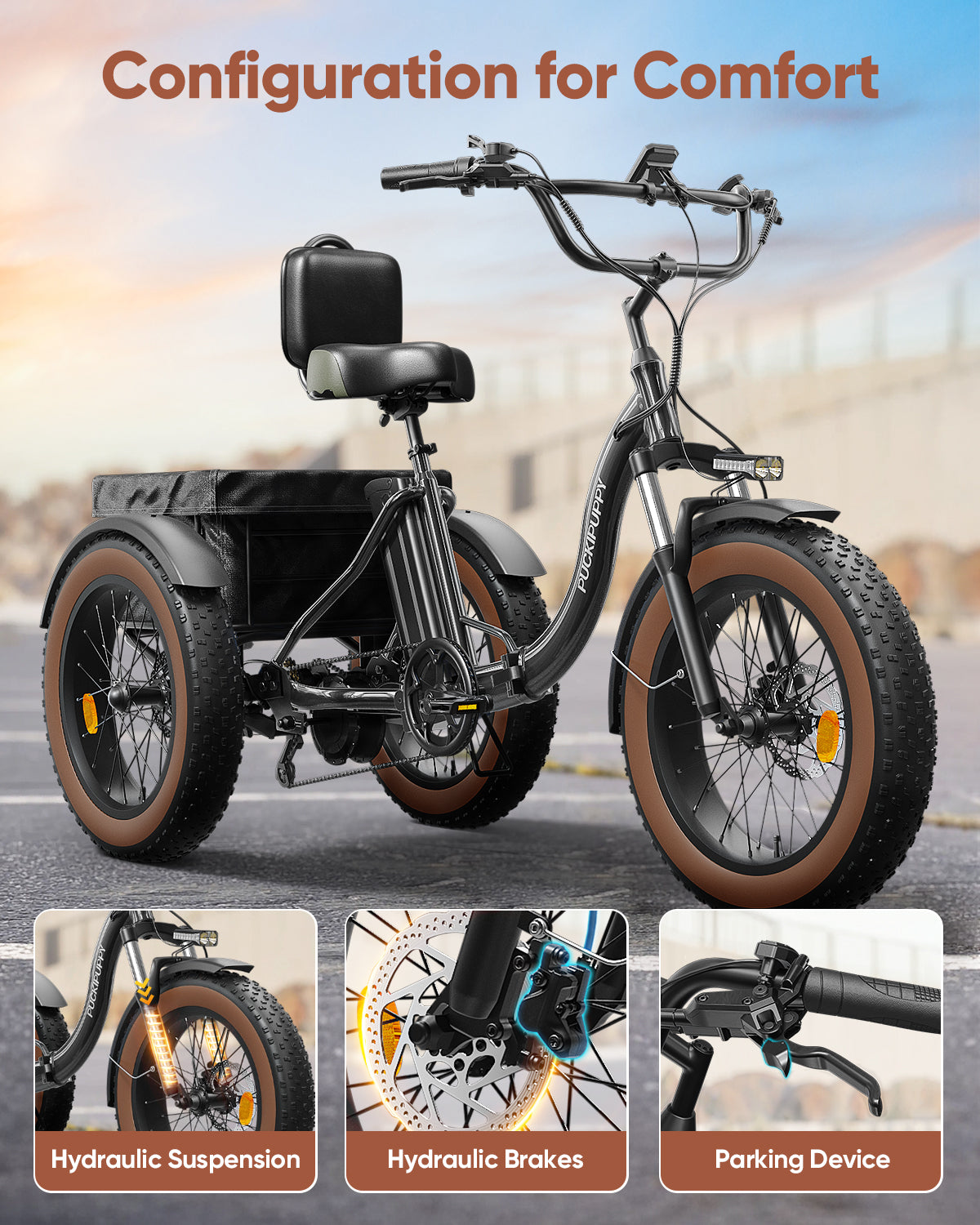 PUCKIPUPPY Electric Tricycle for Adults 960W Rear Motor 55Miles Range 20mph Max Speed 20