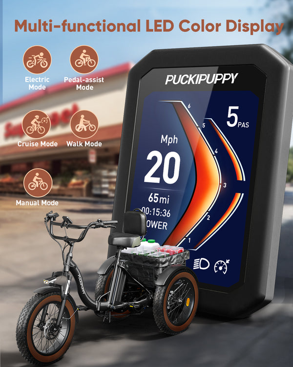 PUCKIPUPPY Electric Tricycle for Adults 960W Rear Motor 55Miles Range 20mph Max Speed 20