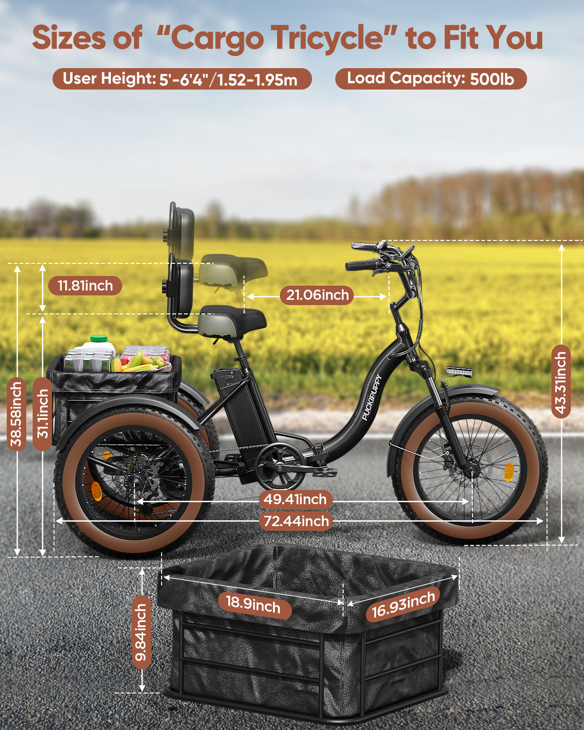 PUCKIPUPPY Electric Tricycle for Adults 960W Rear Motor 55Miles Range 20mph Max Speed 20