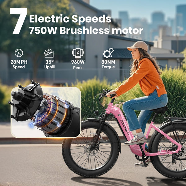 PUCKIPUPPY 960W Peak Electric Bike for Adults Step Through E-Bike 28mph Max Speed 60Miles Range 26